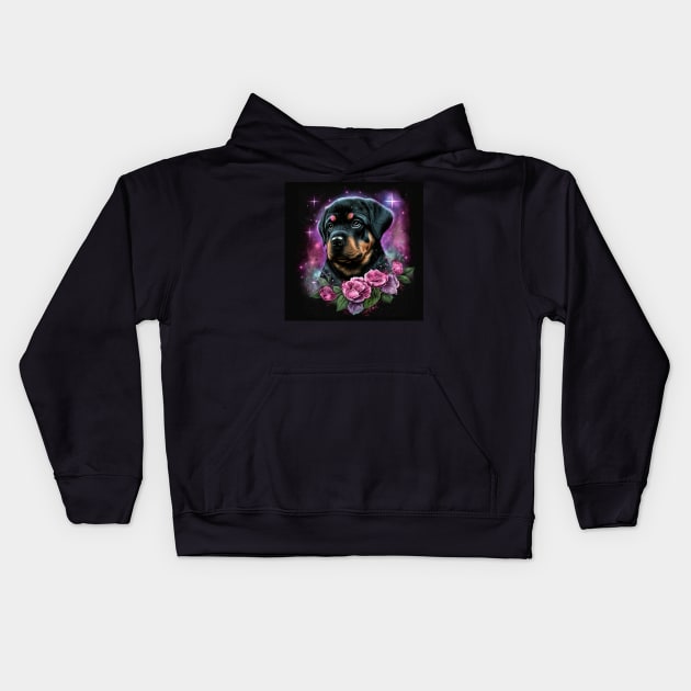 Cute Rottweiler Puppy With Roses Kids Hoodie by Enchanted Reverie
